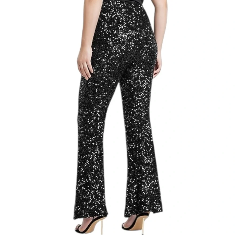 Express Super High Waisted Sequin Flare Pant Black Size Small - Picture 4 of 10